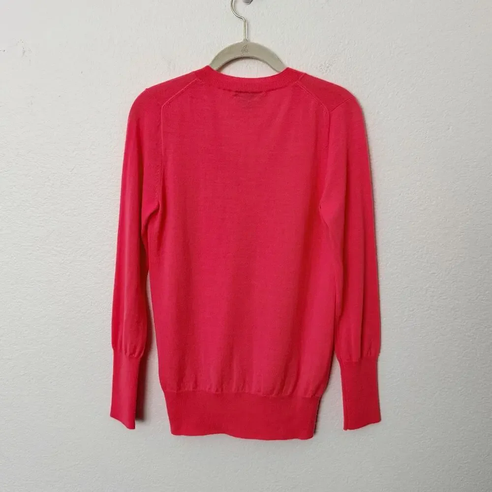 [J. Crew] Bright Pink 100% Merino Wool V-Neck Sweater Lightweight Size Small S